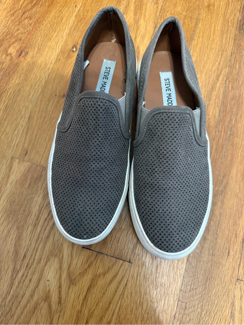 Steve Madden woman’s Perforated Slip-On Loafers in gray/khaki - soft fabric